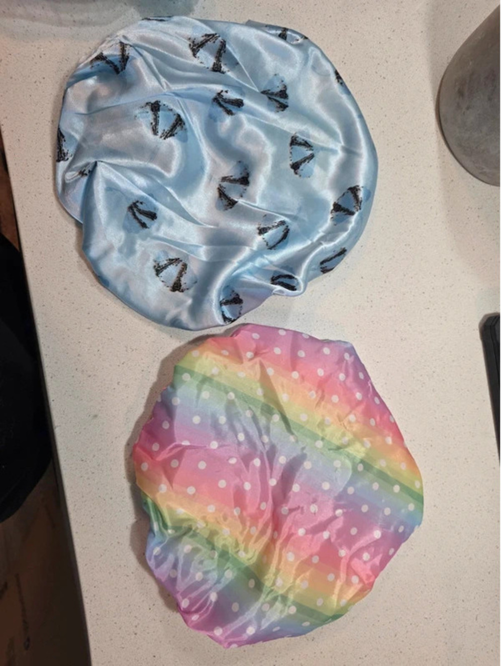 Satin sleep bonnets and shower cap, tie-dye rainbow and blue lamp print patterns